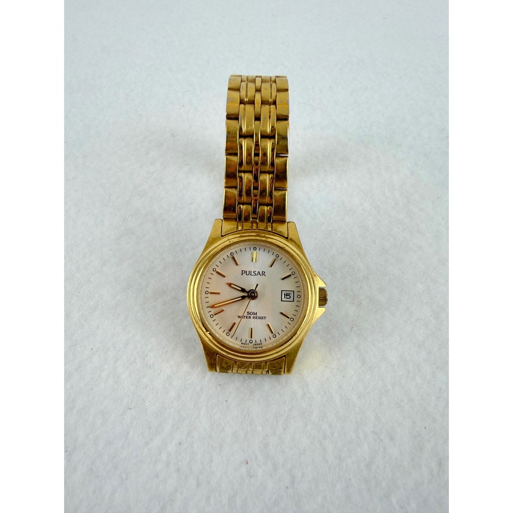 Pulsar Gold Tone Date Watch 50M Water Resist VX32-X238 Japan Movt Mens Womens